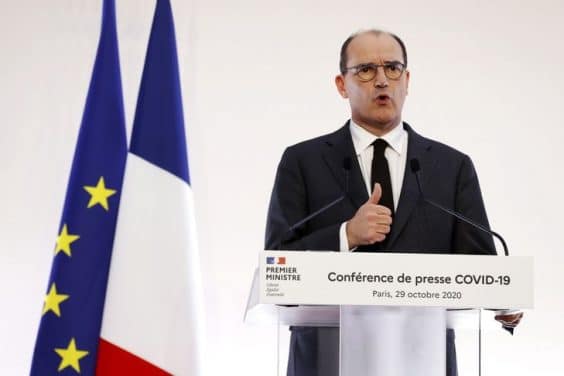 epa08784035 French Prime Minister Jean Castex delivers a speech in Paris, France, 29 October 2020, announcing the new lockdown measures in order to curb the spread of the coronavirus Covid-19 pandemic.  EPA/IAN LANGSDON / POOL (MaxPPP TagID: epalivefive118333.jpg) [Photo via MaxPPP]