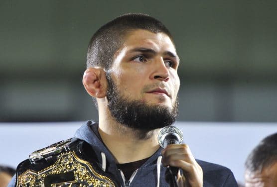 5661313 08.10.2018 Ultimate Fighting Championship (UFC) lightweight titleholder Khabib Nurmagomedov, of Russia, speaks to his fans during the ceremony, in Kaspiysk, Russia, October 8, 2018. Khabib Nurmagomedov defeated Conor McGregor, of Ireland, during the lightweight title mixed martial arts bout at UFC 229 in Las Vegas. Said Tsarnaev / Sputnik / Icon Sport