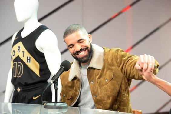 Canadian rap star Drake reacts during a press conference where his OVO uniforms were unveiled ahead of NBA basketball action between the Toronto Raptors and Detroit Pistons in Toronto, ON, Canada, on Wednesday, January 17, 2018. The Raptors and Canadian rap star Drake announced plans to grow their partnership Wednesday with a new program called Welcome Toronto. Raptors president Masai Ujiri and Drake -- who has served as the team's global ambassador since 2013 -- announced the program before the Raptors' home game against the Detroit Pistons. Photo by Frank Gunn/CP/ABACAPRESS.COM  | 622077_001 Toronto Canada