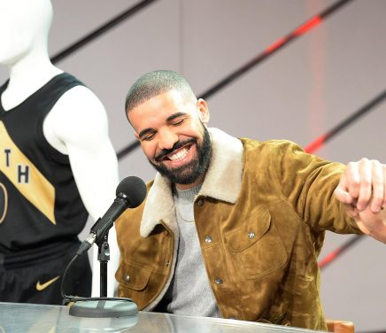 Canadian rap star Drake reacts during a press conference where his OVO uniforms were unveiled ahead of NBA basketball action between the Toronto Raptors and Detroit Pistons in Toronto, ON, Canada, on Wednesday, January 17, 2018. The Raptors and Canadian rap star Drake announced plans to grow their partnership Wednesday with a new program called Welcome Toronto. Raptors president Masai Ujiri and Drake -- who has served as the team's global ambassador since 2013 -- announced the program before the Raptors' home game against the Detroit Pistons. Photo by Frank Gunn/CP/ABACAPRESS.COM  | 622077_001 Toronto Canada