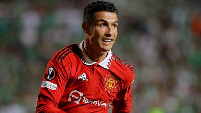Manchester United's Portuguese striker Cristiano Ronaldo reacts during the UEFA Europa League group E football match between Cyprus' Omonia Nicosia and England's Manchester United at GSP stadium in the capital Nicosia on October 6, 2022. (Photo by AFP)