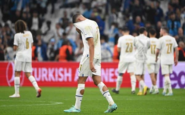 Marseille's players react at the end of the UEFA Champions League group D football match between Olympique Marseille (OM) and Tottenham Hotspur at The Velodrome Stadium in Marseille, southern France on November 1, 2022. (Photo by CHRISTOPHE SIMON / AFP)