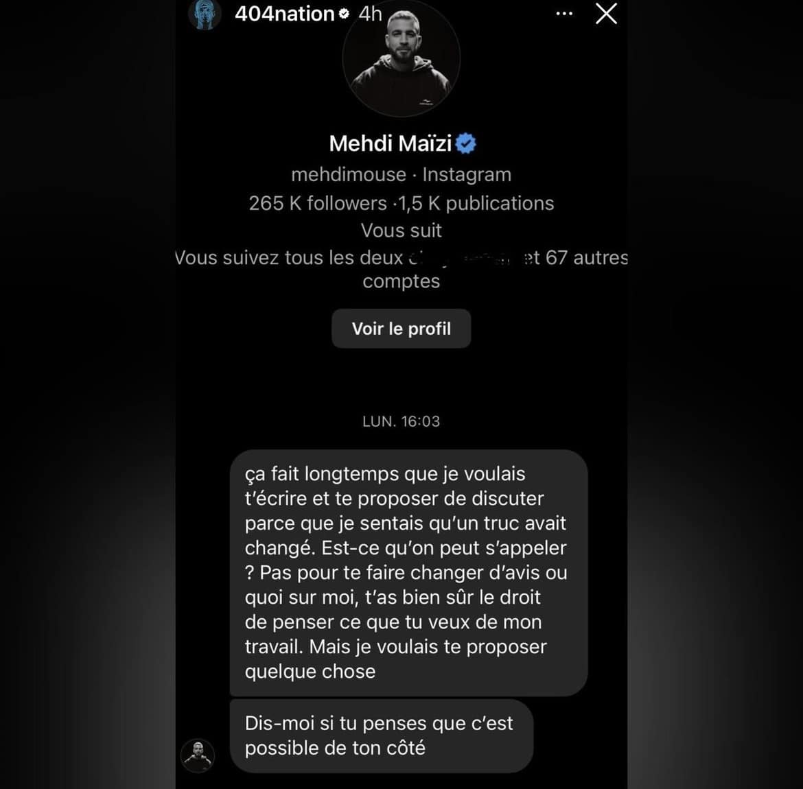 404Billy a refusé une interview de Mehdi Maïzi et balance les messages
