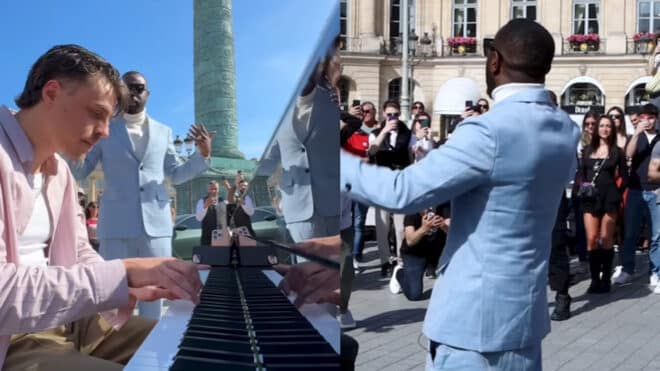 Gims rejoint le pianiste Aurélien Froissart dans Paris et reprend l’un de ses tubes